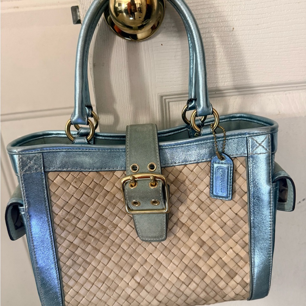 COACH limited edition Y2K Tan and green straw  leather satchel purse